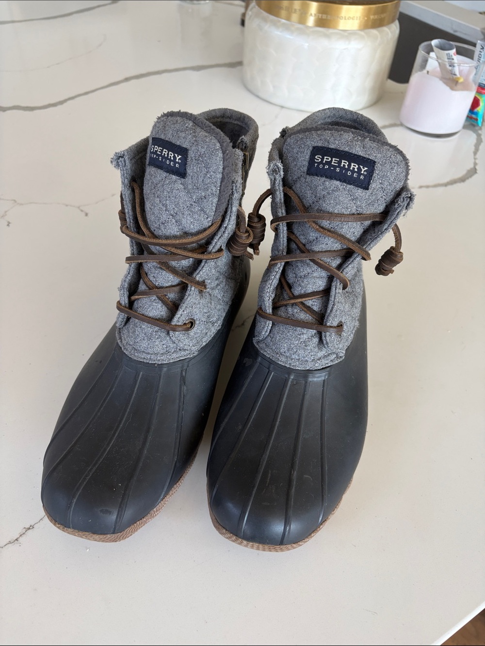 Sperry Gray Felt Collar and Black Waterproof Duck Boots size 10 women